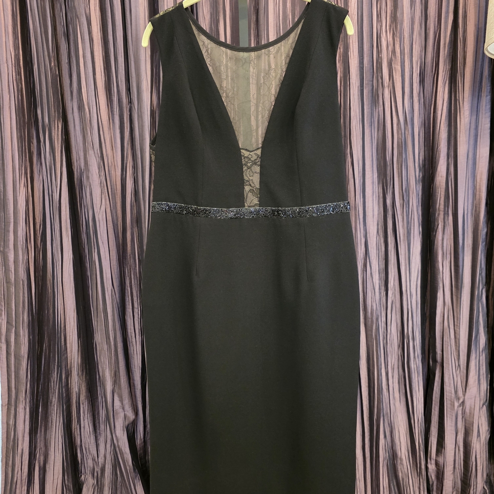 Sleeveless Black Midi Dress with Lace V-Inset and Beaded Waist